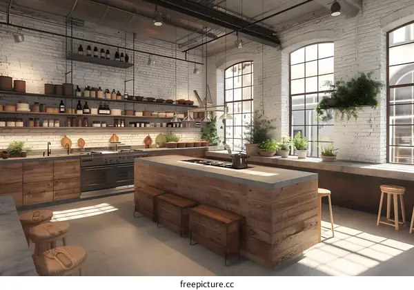 Industrial Style Kitchen Interior Design with Wooden Countertop and Brick Walls
