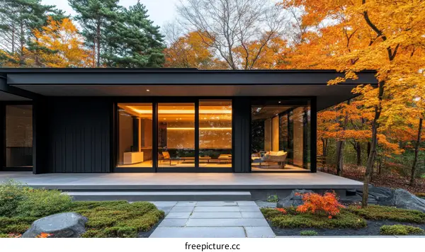 Modern Japanese House with Autumn Foliage