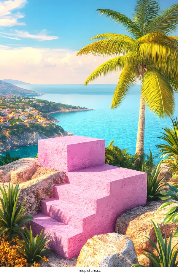 Pink Steps Leading to the Ocean with Palm Tree