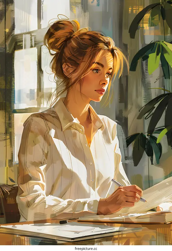 Woman Writing in Notebook with Sunlight Streaming In