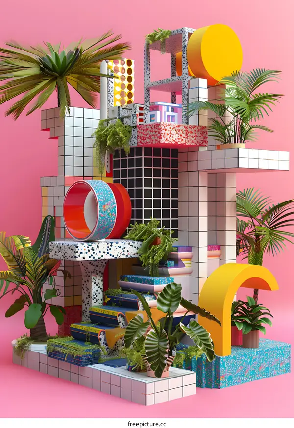 A surreal colorful 3D structure with plants