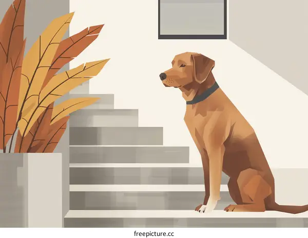 A dog sitting on the stairs