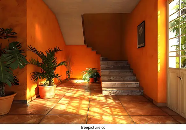 Sunlit Staircase with Potted Plants