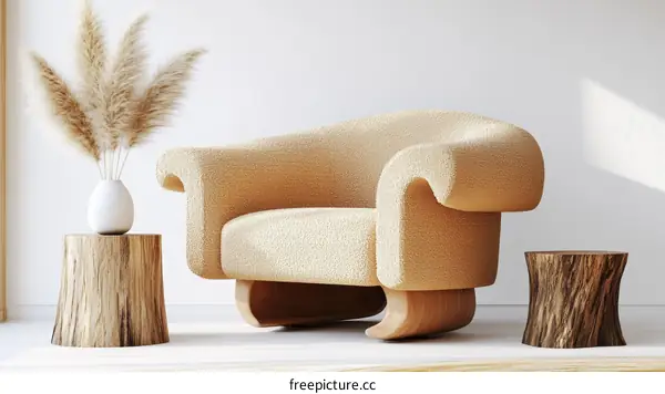 Modern Beige Rocking Chair and Wooden Side Table