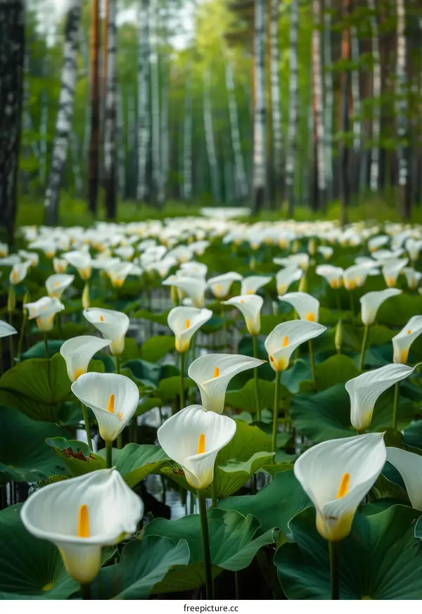 White Calla Lilies in a Pond Surrounded by Birch Trees