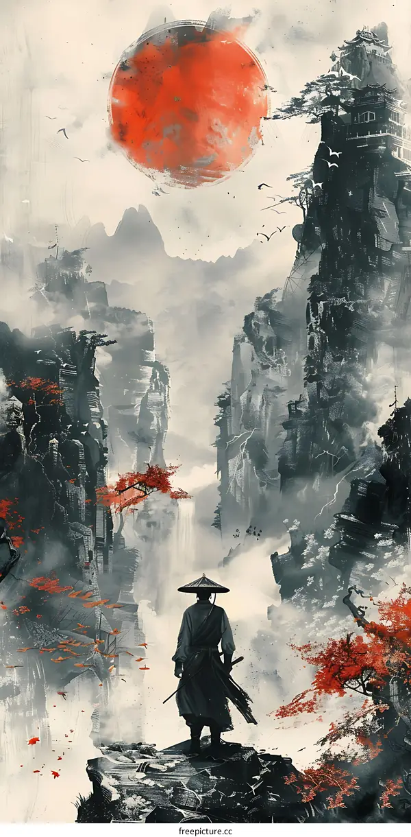 Samurai Warrior Standing on Cliff with Red Sun and Mountains in the Background