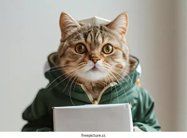 A cat wearing a green jacket is holding a white box