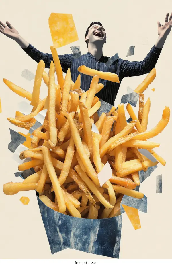 Happy Man Surrounded by Delicious French Fries