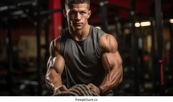 muscular man in a gray tank top pulling a rope in a gym