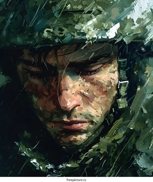 Portrait of a soldier wearing a ghillie suit