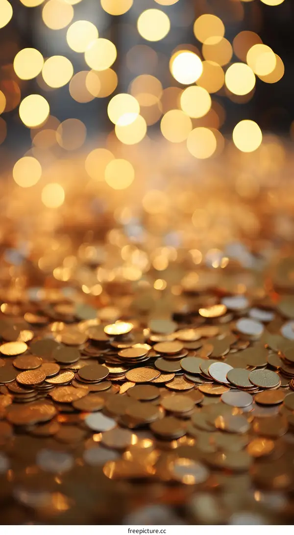 Pile of gold coins with blurred lights in the background