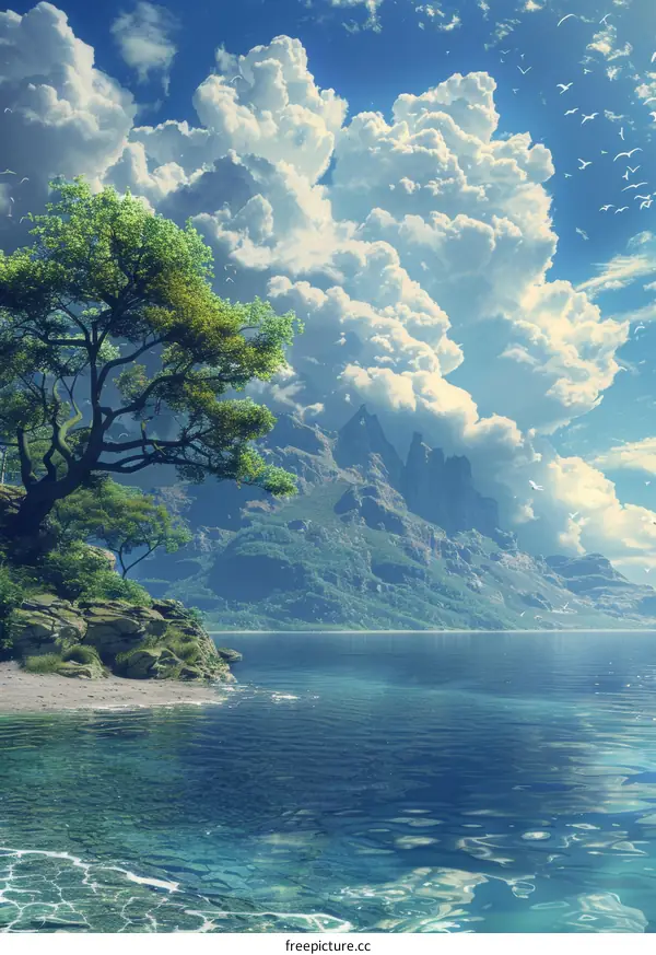 fantasy landscape with a giant tree on a lake