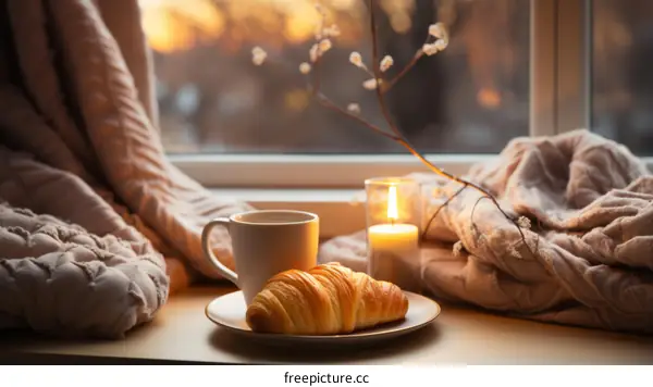 cozy home still life with croissant, coffee, and candle