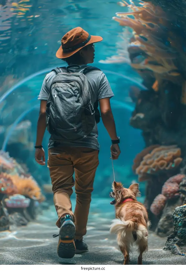 man walking dog in aquarium