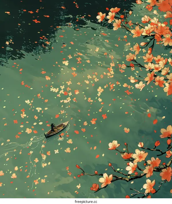 Serene Boat Adrift in a River of Cherry Blossom Petals