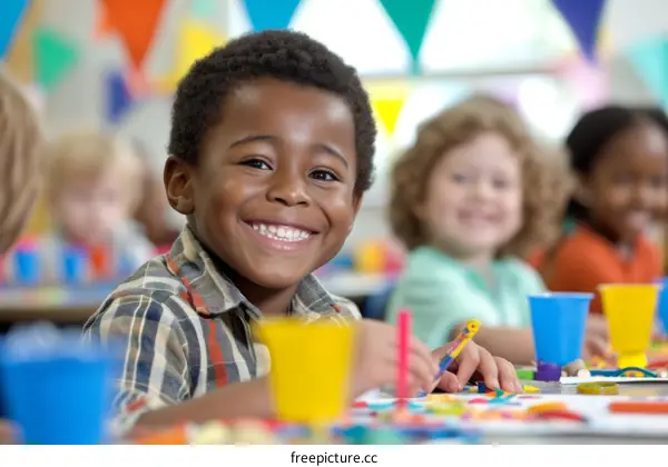 Preschool boy smiling at the camera while doing arts and crafts