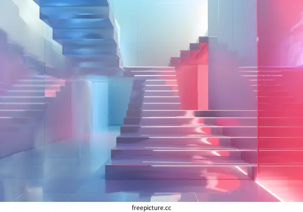 Abstract Staircase in a Minimalist Setting with Pink and Blue Lighting