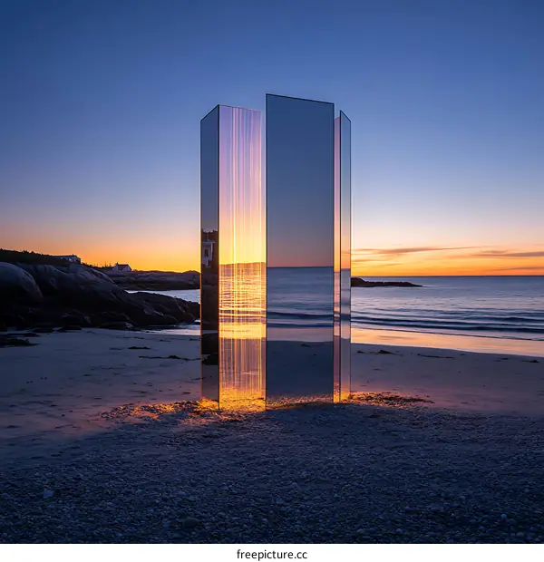 Sunrise Reflected in Three Large Glass Panels on a Beach