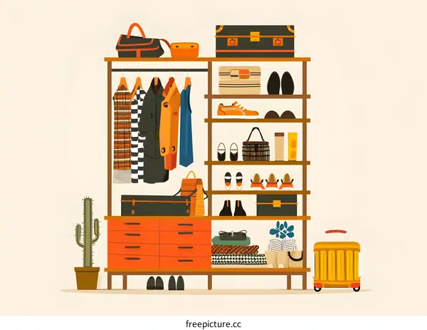 Open Shelving Unit With Clothes Shoes And Accessories Illustration