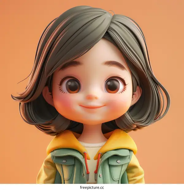 Cute Cartoon Girl with Short Brown Hair and Big Eyes
