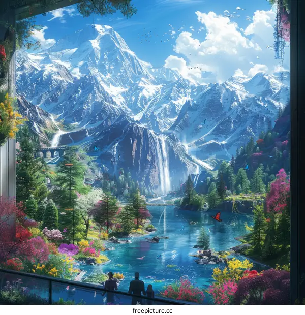 A family of three looking out at a beautiful mountain landscape