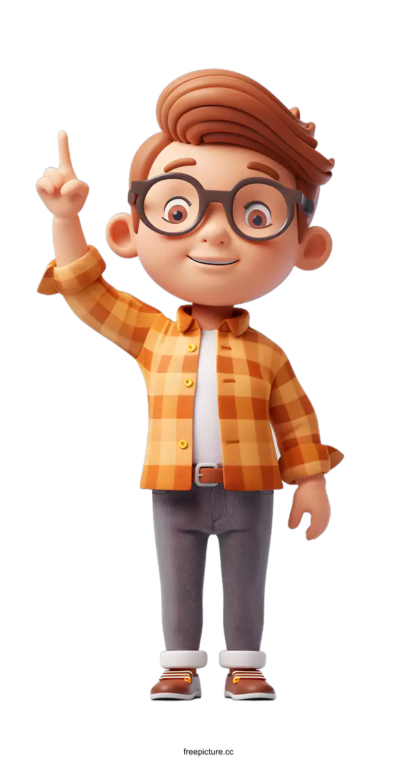 [Transparent Background PNG]3d cartoon character boy in glasses pointing finger