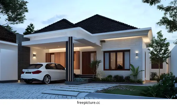 Modern House with a White Brick Wall and a Car in the Garage