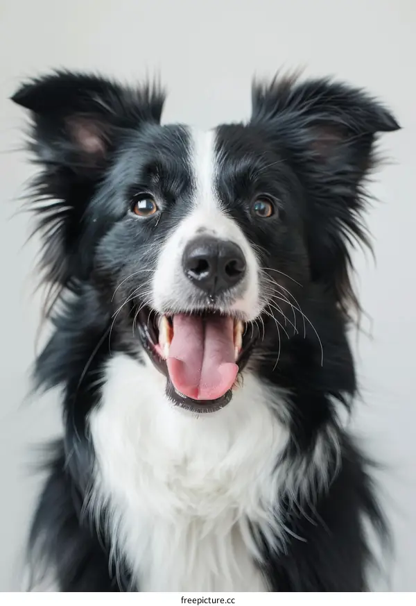 A smiling Border Collie dog with black and white fur