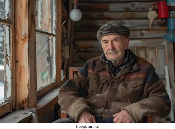 portrait of an old man in a wooden house