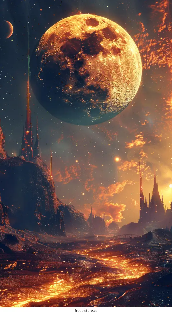 Fantasy cosmoscape with a planet, moon and alien city