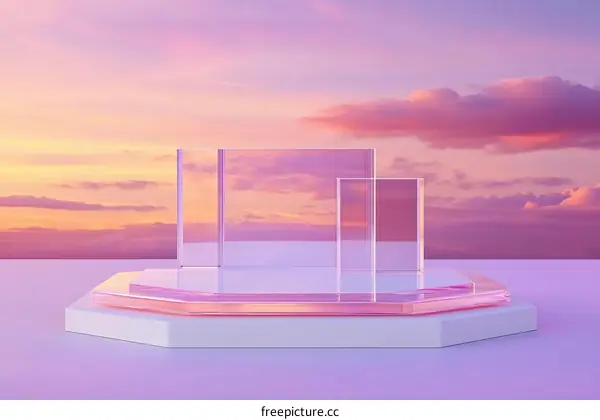 Abstract Glass Display Podiums Against a Pastel Sunset