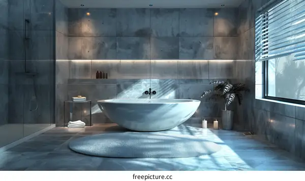 Luxury bathroom interior with gray tiles and big bathtub