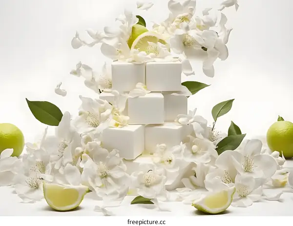 White Cubes with Flowers and Lemons