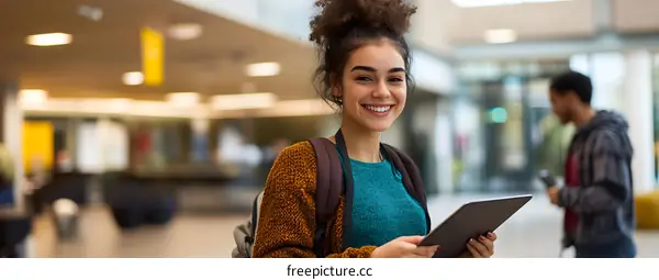 Young woman smiling and holding a tablet in a college building