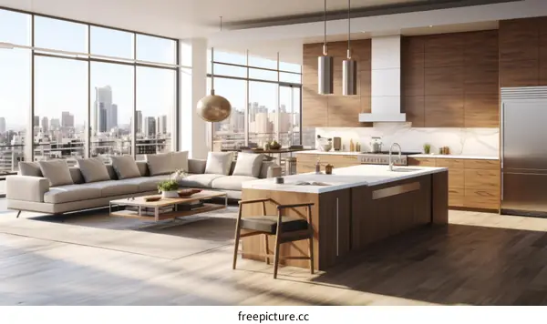 Modern apartment interior design with large windows and city view