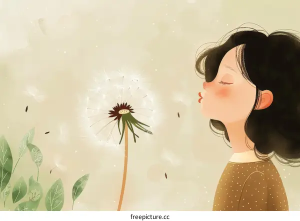 Girl Blowing Dandelion Seeds in the Wind