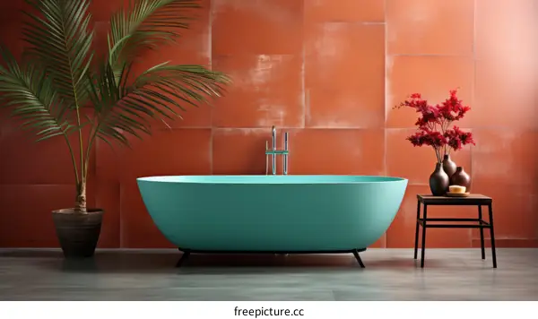 Teal bathtub in a room with terracotta tiles