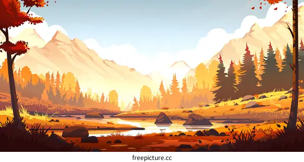 Autumn Landscape with Mountains, River, and Forest