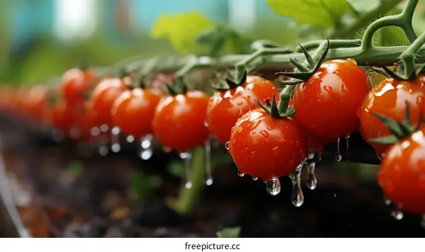 Close-up of ripe tomatoes on the vine with water drops