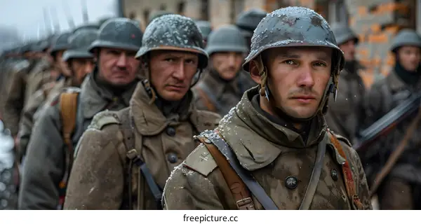 A group of soldiers in military uniform from World War I