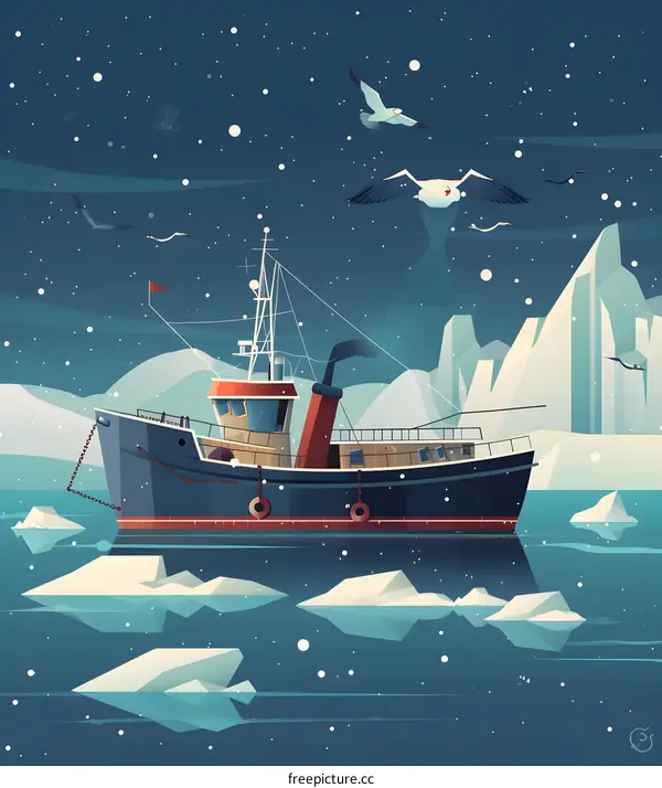 Boat Sailing in the Snowy Arctic