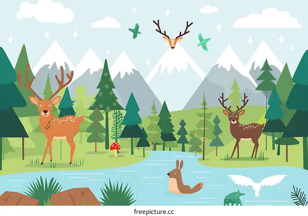Cute Cartoon Deer and Mountains Illustration