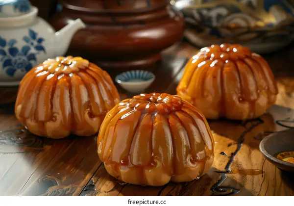 Closeup of Three Golden Cakes on Wooden Table