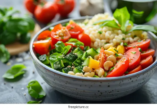 Mediterranean Bulgur Wheat Salad with Tomatoes, Cucumbers, Bell Peppers & Basil