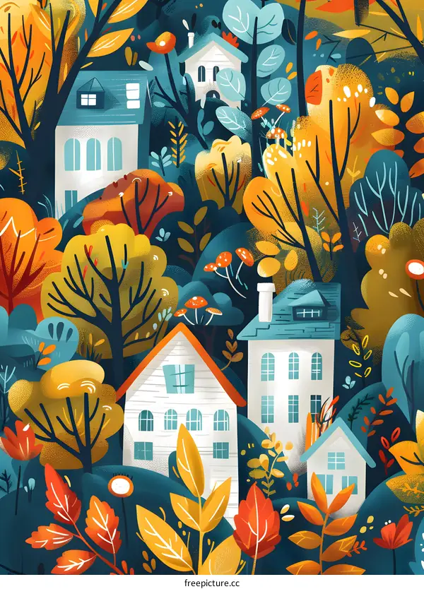 Autumn Forest Illustration with Houses and Colorful Leaves