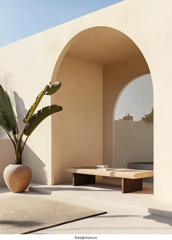 Minimalist Patio Design With Archway And Bench