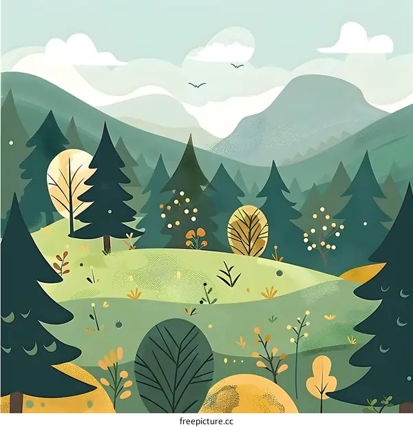 Green Forest Landscape With Mountains Illustration