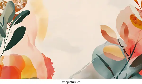 Abstract Watercolor Painting with Leaves