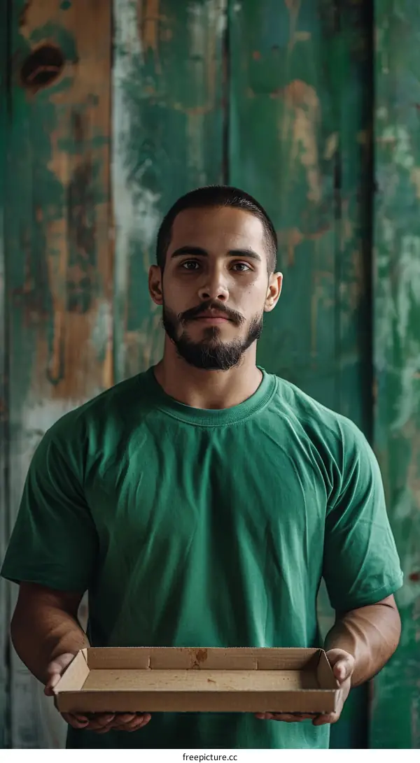Young man holding an empty cardboard pizza box