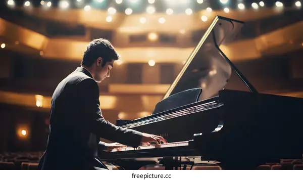 Man Playing Piano on Stage in Concert Hall